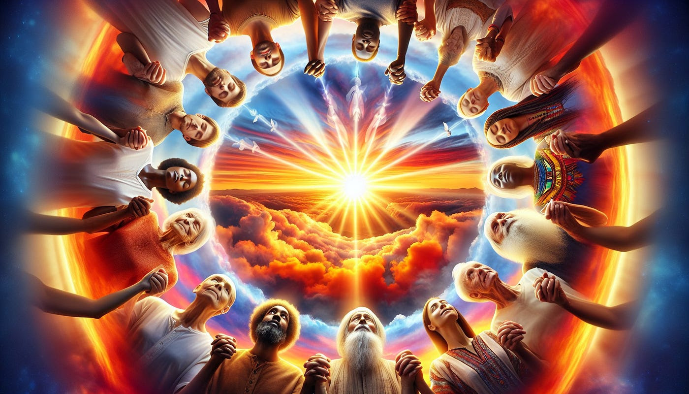 People joining hands around a rising light