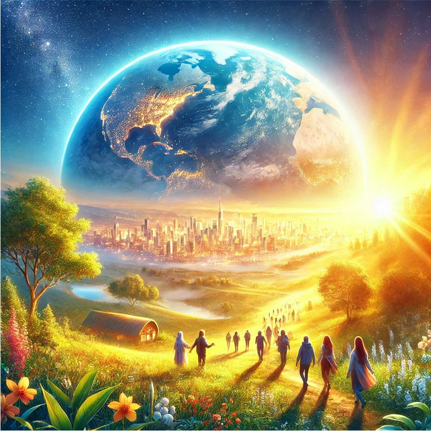 People walking together toward a luminous new Earth